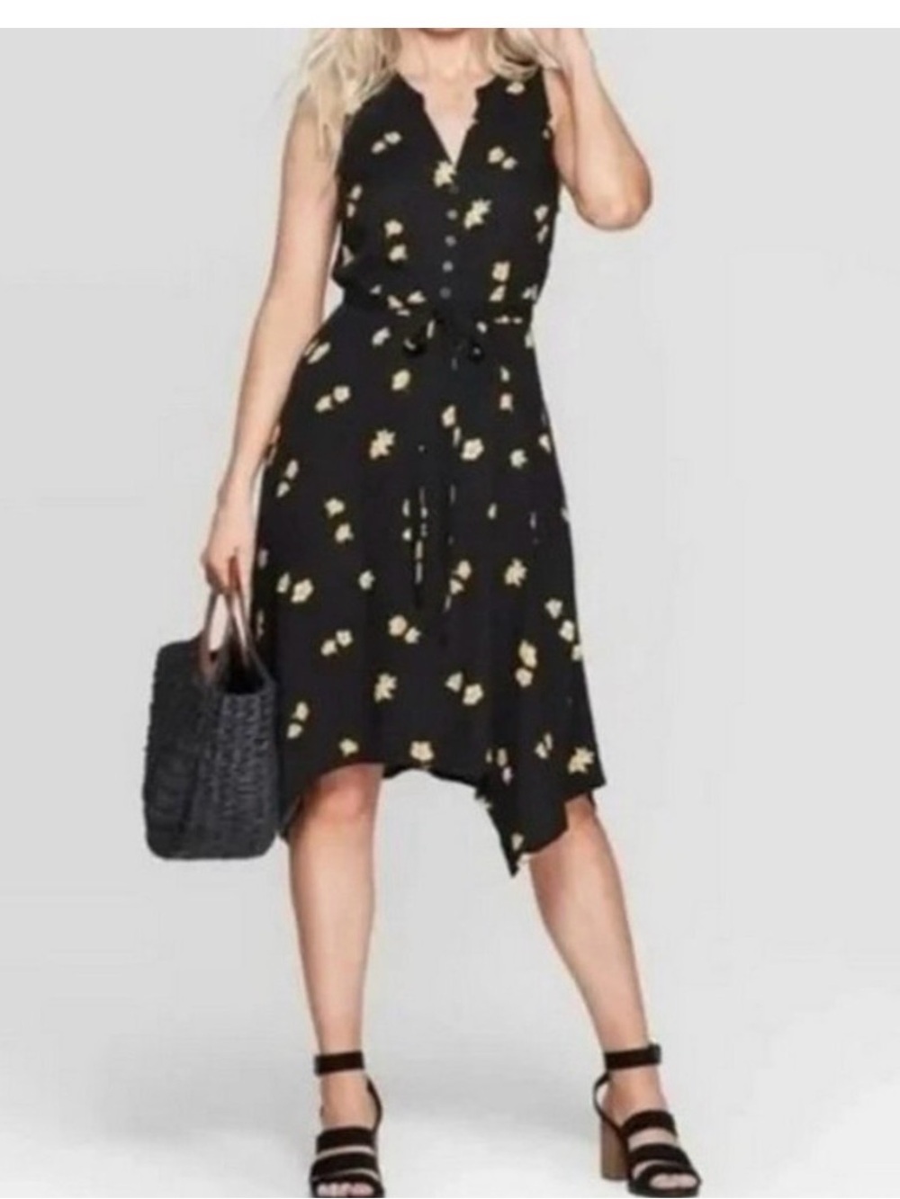 KNOX ROSE Henley Belted Dress XS Black Yellow Floral Sleeveless Hi-Low Flowy